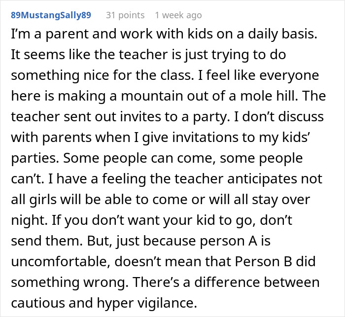 Text from a forum discussing a parent's feelings about a dance teacher's sleepover invitation.