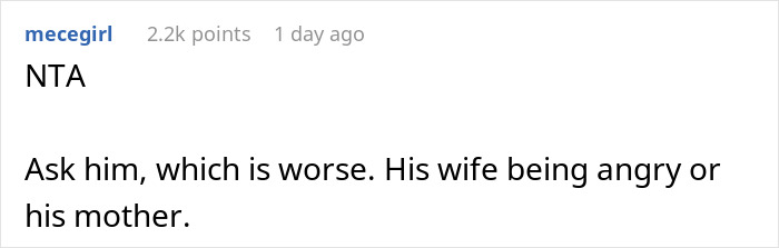 Reddit comment discussing family tensions involving mother and wife reactions.