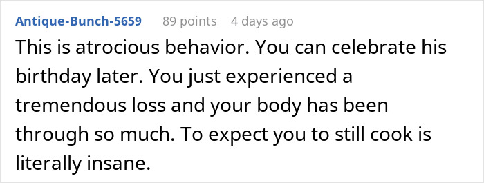 Reddit comment criticizing husband's reaction to wife's miscarriage affecting his birthday. Reddit comment criticizing husband's reaction to wife's miscarriage affecting his birthday.
