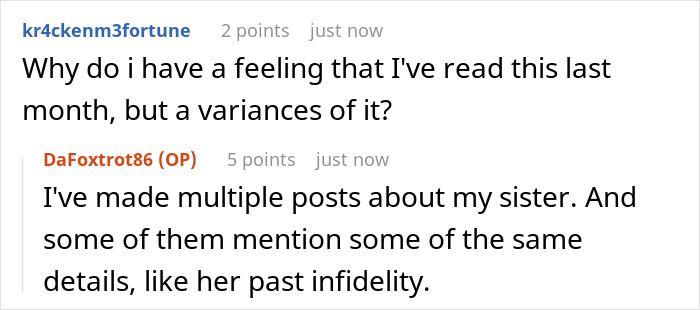 Reddit comment exchange discussing sister's past infidelity and multiple related posts.