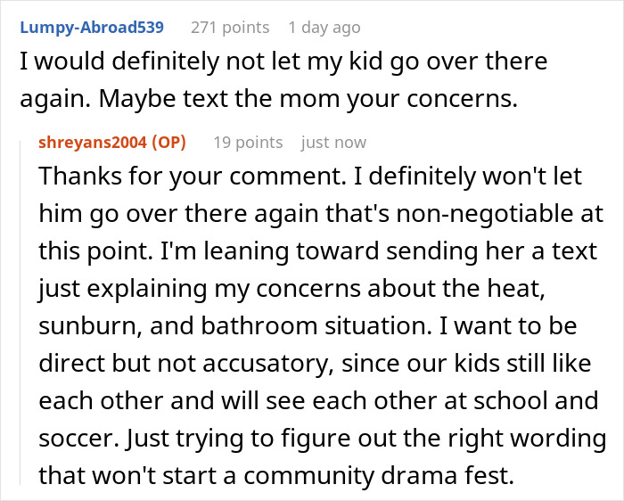 Text conversation about parenting concerns over kids outside without hydration or bathroom access.
