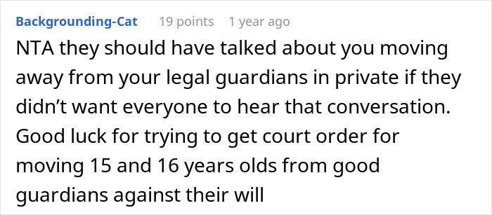 Reddit comment discussing uncomfortable engagement dinner and legal guardianship issues.