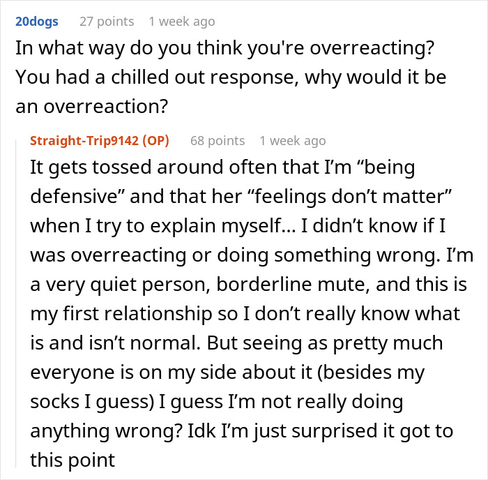 Reddit thread discussing overreaction, with a user explaining their response in a relationship. Reddit thread discussing overreaction, with a user explaining their response in a relationship.
