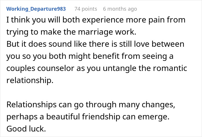 Text post discussing advice on navigating changes after a wife came out as trans and the impact on their relationship. Text post discussing advice on navigating changes after a wife came out as trans and the impact on their relationship.