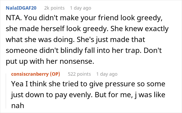 Reddit comments discussing fairness and splitting the bill evenly at dinner. Reddit comments discussing fairness and splitting the bill evenly at dinner.