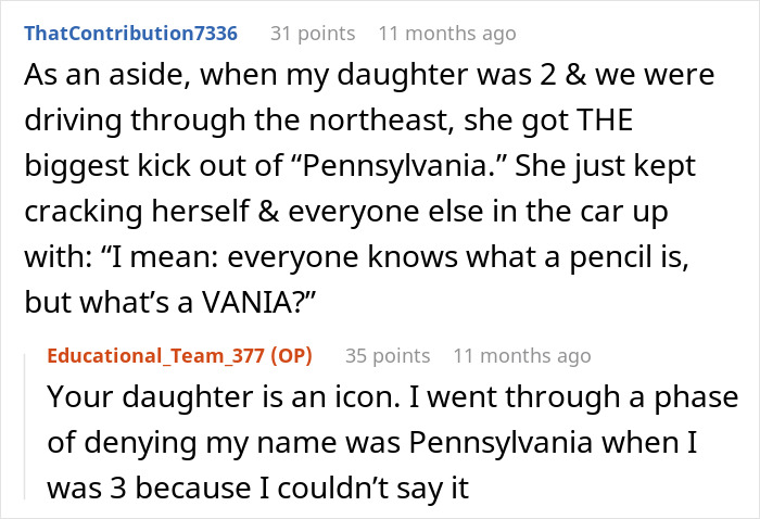 Reddit comment exchange about a daughter's funny take on Pennsylvania, linked to secret name change.