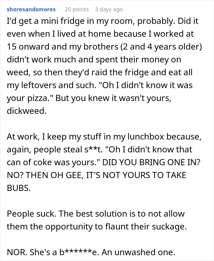 Text discussing experiences of food theft by a roommate, suggesting using a lockbox for cheese in the fridge.