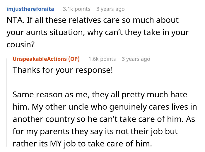 Discussion on Reddit about a guy taking care of his autistic cousin, responses address family responsibilities.