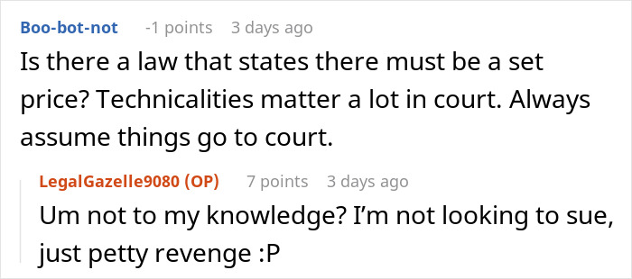 Reddit discussion on nail salon pricing legalities and petty revenge, featuring comments by two users.