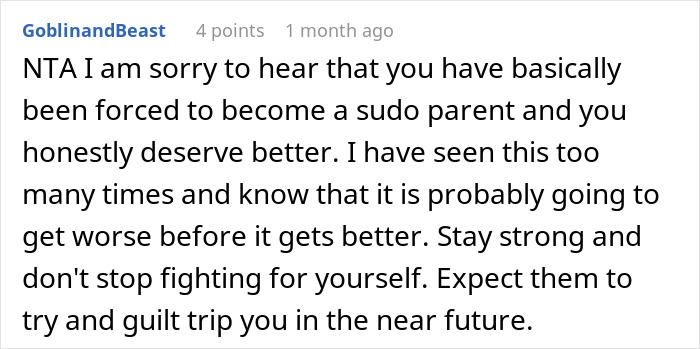 A supportive Reddit comment addressing a teen forced into parental roles within the family dynamics. A supportive Reddit comment addressing a teen forced into parental roles within the family dynamics.