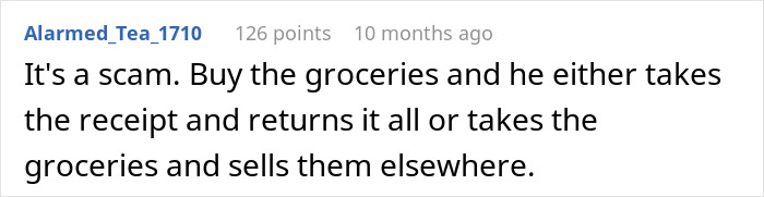 Comment discussing a scam where a man asks a stranger to pay for groceries, then either returns or sells them.