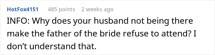 Comment discussing why husband skipping sister's wedding affects bride's father; context related to mom-to-be concerns.