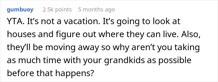 Reddit comment criticizing grandma for favoritism, mentioning time with grandkids and moving plans.