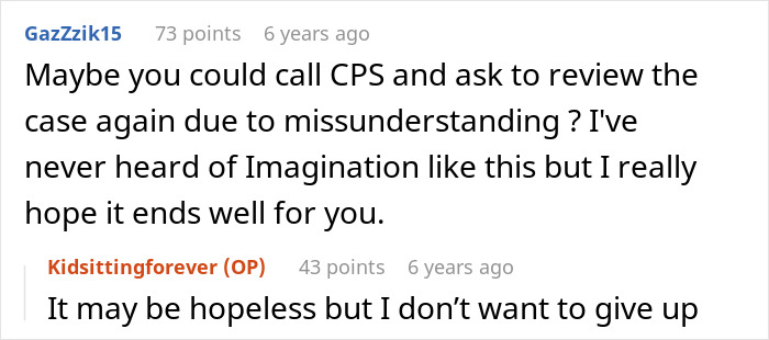 Reddit comments about a woman asking a friend to babysit, with focus on CPS involvement and perseverance.