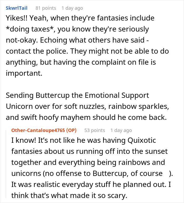 Comments discussing a woman&rsquo;s clever escape plan from a delusional client, mentioning a support unicorn.