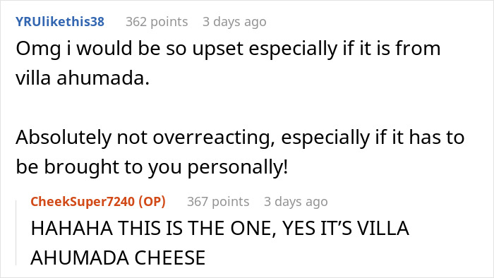 Reddit comments about villa ahumada cheese and a roommate stealing it, highlighting emotional reactions.
