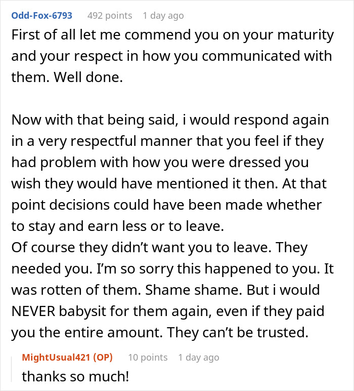 Comment discussion on a teen's babysitting experience involving an unpaid job after wearing a tank top. Comment discussion on a teen's babysitting experience involving an unpaid job after wearing a tank top.