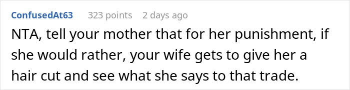 Reddit comment about a MIL cutting a child's hair without permission, suggesting a humorous consequence.