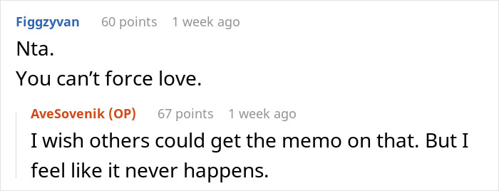 Reddit comment discussing love and mentioning karma related to a complicated stepfamily situation.