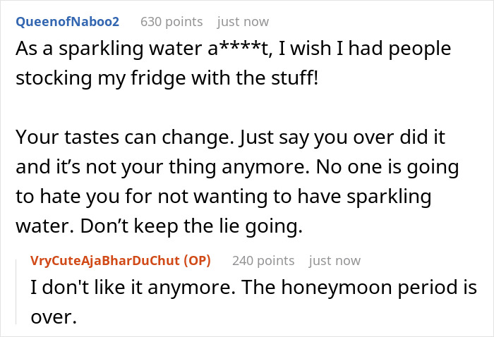 Reddit conversation about faking a liking for sparkling water, discussing changing tastes.