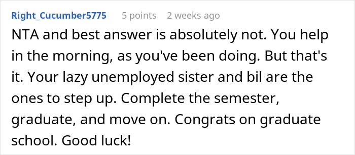 Reddit comment discussing babysitting nephews and not altering schedule. Reddit comment discussing babysitting nephews and not altering schedule.
