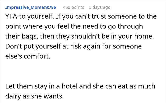 Reddit comment about trusting guests, suggesting they stay in a hotel instead of going through their bags.