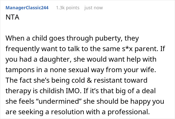 Comment discussing son father grooming drama emphasizing puberty communication and seeking professional therapy resolution.