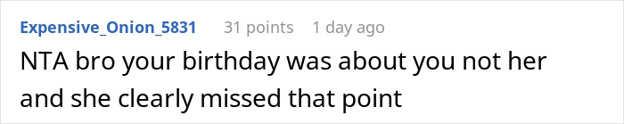 Reddit comment criticizing a girlfriend for making a birthday about her instead of the celebrant.