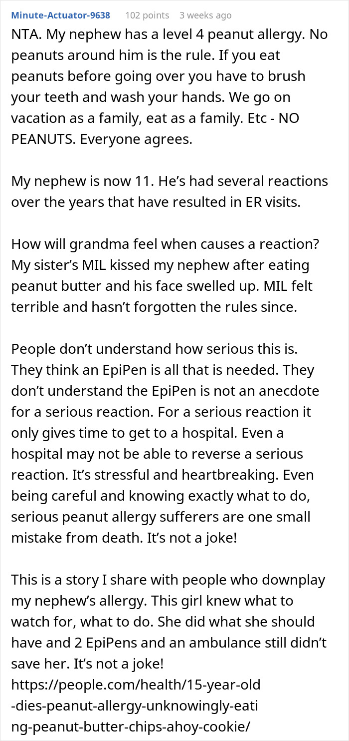 Comment discussing serious peanut allergy risks and grandma&rsquo;s threatening behavior toward granddaughter over nuts.