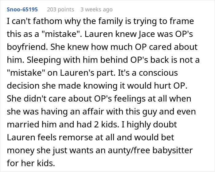 Text discussing family framing relationship issues as a mistake involving a sister, affair, and remorse doubts.