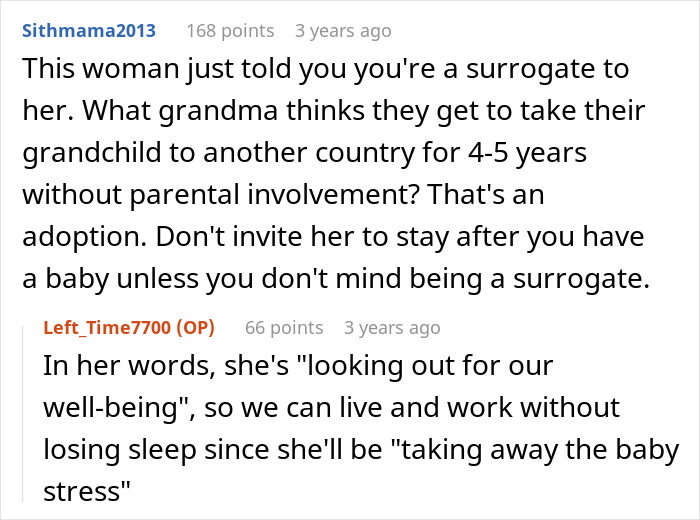 Reddit comments discussing a MIL's unsettling baby comment about taking the baby, causing concern.