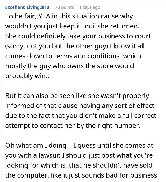 Text discussion about a student shocked her laptop was sold after 9 months.