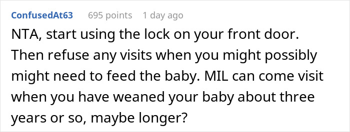 Comment discussing breastfeeding and advice for dealing with MIL visits.