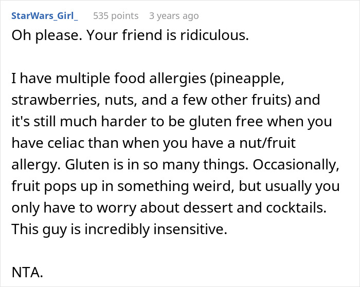 Text post discussing differences between gluten-free and fruit allergies, highlighting insensitivity towards gluten-free diet.