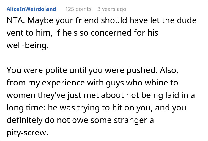 Screenshot of a comment discussing a woman's response to a guy oversharing, emphasizing not owing strangers anything.