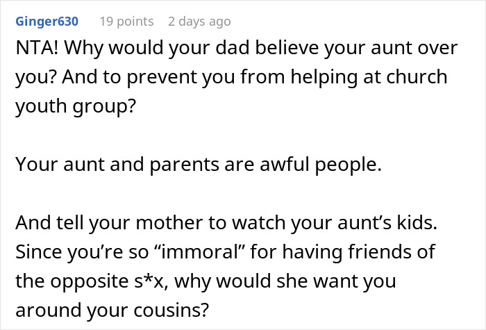 Comment criticizing aunt&rsquo;s drama in niece&rsquo;s life after she refuses to babysit her kids, highlighting family conflict.