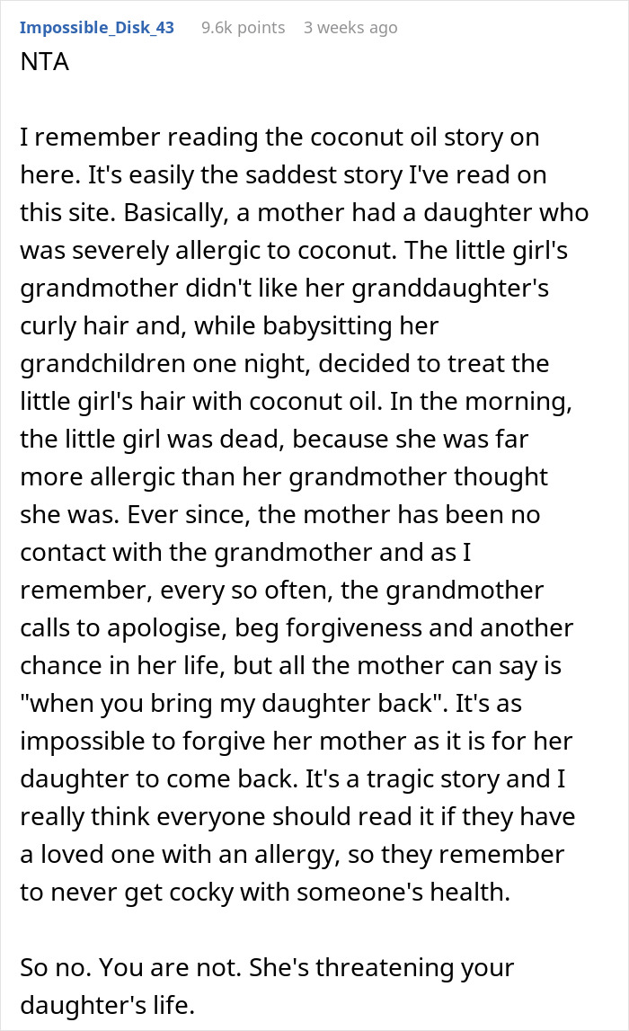 Text post discussing grandma threatening granddaughter&rsquo;s life over nuts allergy and receiving a reality check.