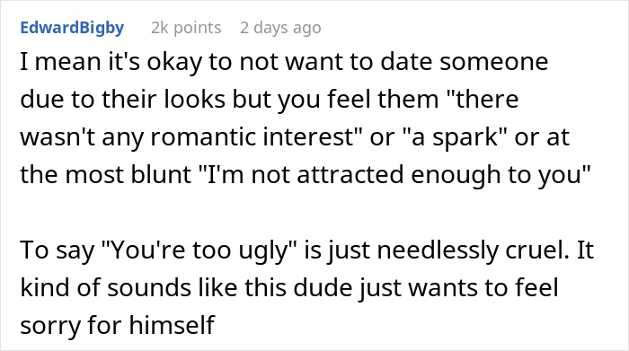 Comment text about dating standards and rejection based on looks. Comment text about dating standards and rejection based on looks.