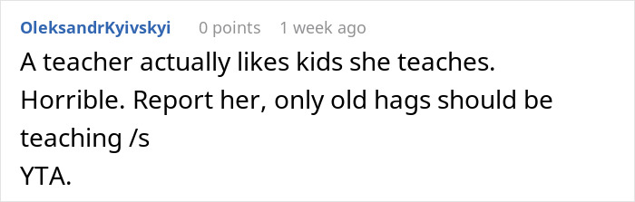 Comment about a dance teacher's sleepover invite, expressing sarcasm and critique.
