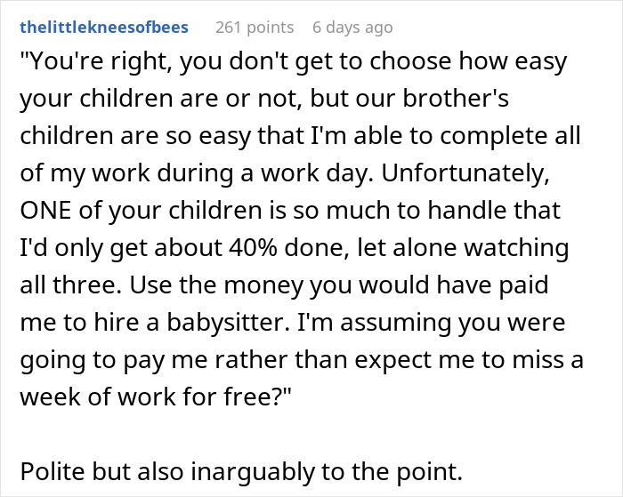 Text exchange discussing why babysitting brother's kids is easier than sister's, highlighting work challenges.