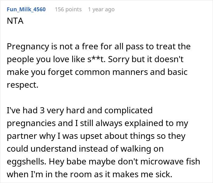 Reddit comment on pregnancy and respecting partners, discussing manners and communication during difficult times.