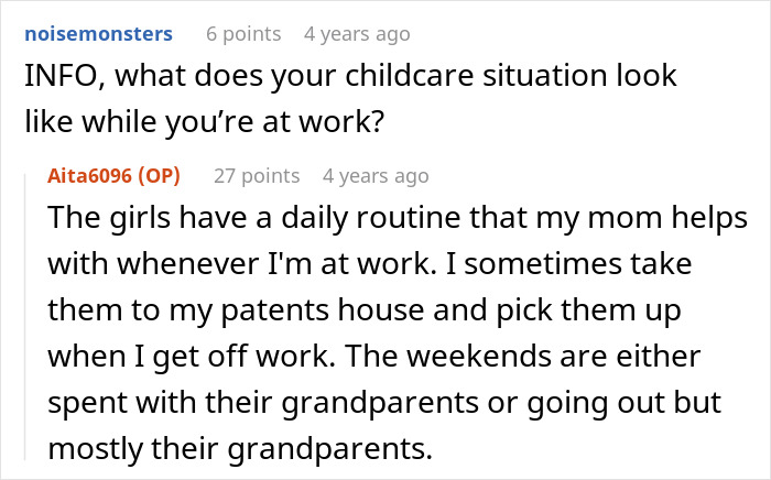 Comment thread discussing childcare routine when the woman is at work; involves assistance from grandparents.
