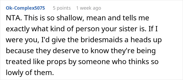 Screenshot of a comment criticizing a bride's choice of random bridesmaids.
