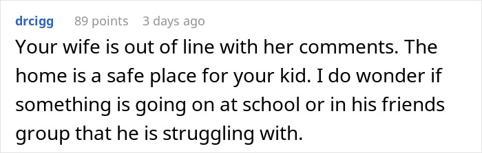 Comment on family dynamics and a teen boy, discussing school and friendships' impact.