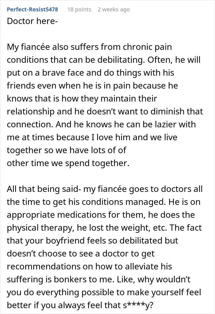 Text discussing man's pain affecting his ability to clean or socialize, but not other activities.