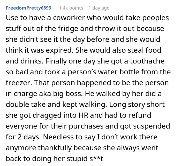 Text describing a story of dealing with a food-stealing coworker and facing HR consequences.
