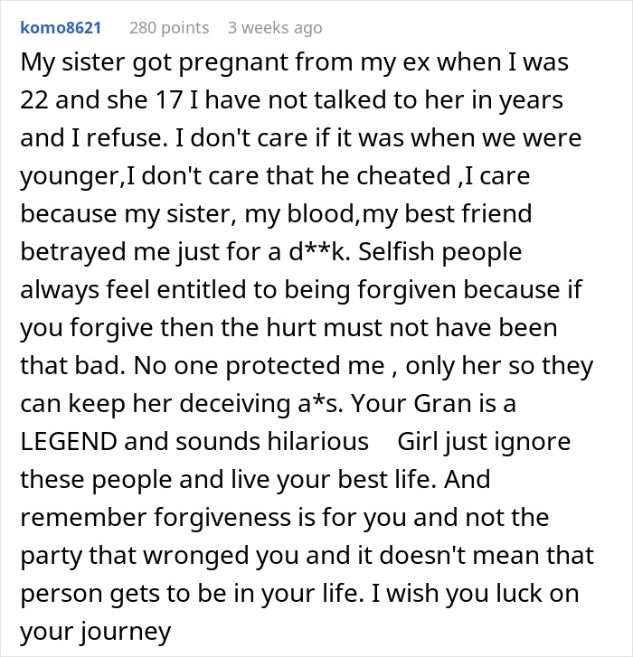 Text about a woman refusing to rekindle a relationship with her sister after betrayal involving an ex-partner.