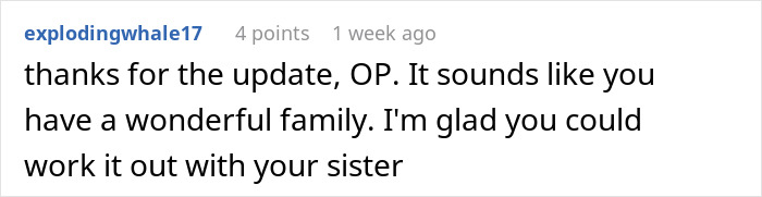 Screenshot of a Reddit comment discussing shutting down a sister after trying to change tradition in a family conflict. Screenshot of a Reddit comment discussing shutting down a sister after trying to change tradition in a family conflict.