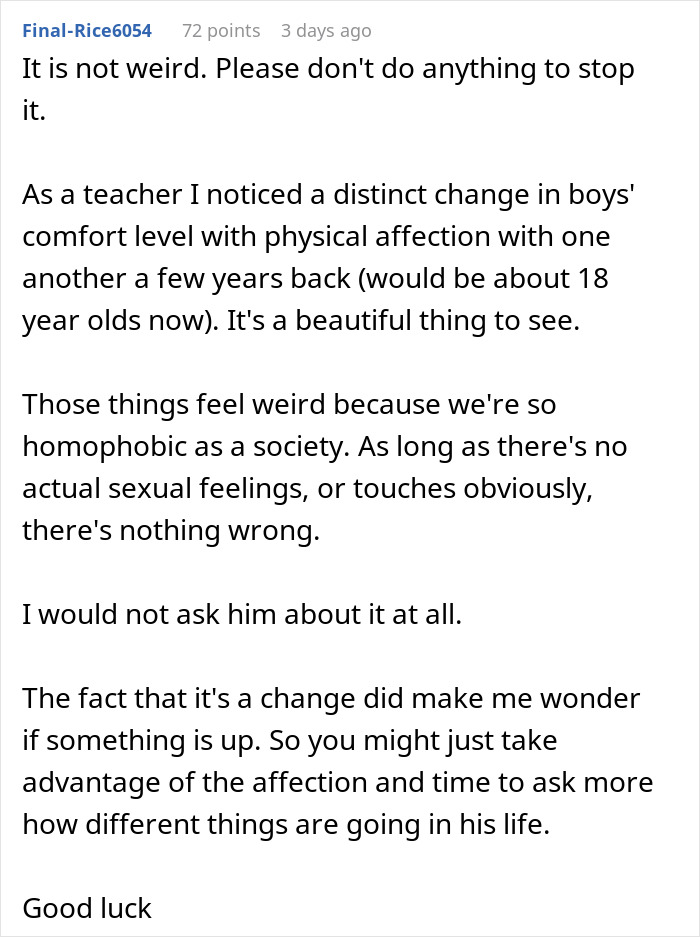 Discussion on teen boy's comfort with snuggling and affection, reflecting societal attitudes and changes in behavior.