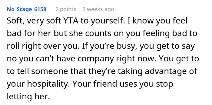 Reddit comment advising a woman on confronting a friend who regularly consumes $60 of her groceries.